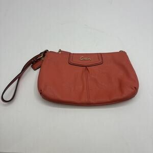 Coach Ashley Leather Wristlet Wallet Purse Pleated Zip Top Orange Coral - NICE